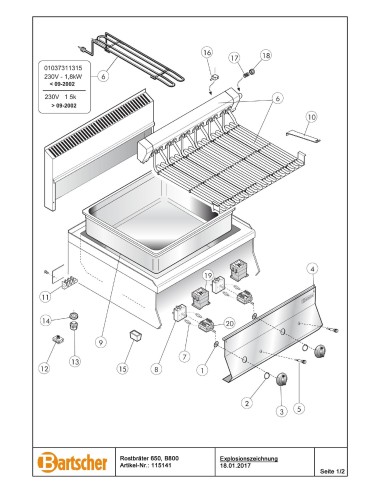 Pièces détachées pour Grill nervuré fonte 650, B800, TG marque Bartsher 