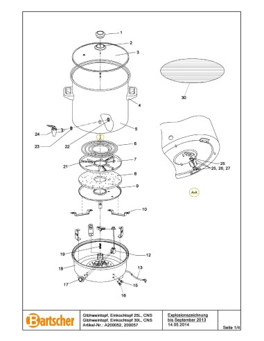 Pièces détachées pour Marmite VC, stérilisateur 30L, AI marque Bartsher 