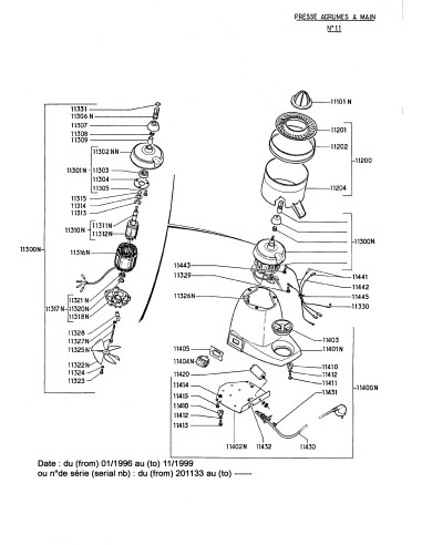 Pièces détachées pour Presse-Agrumes "Classic" - De janvier 1996 à novembre 1999 - N° de série Après 201133