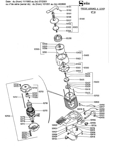 Pièces détachées pour Presse-Agrumes à Levier - De novembre 1993 à juillet 2001 - N° de série Du 101051 au 402800