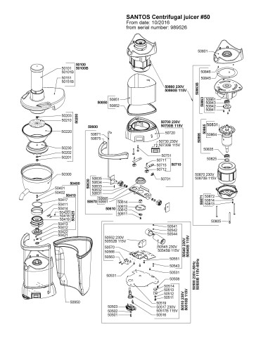 Pièces détachées pour Extracteur "Santos Juicer" - Après octobre 2016 - N° de série Après 989526