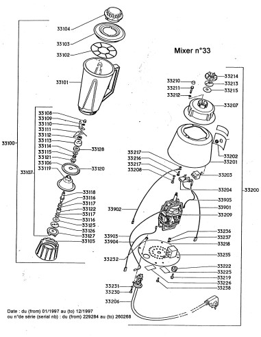 Pièces détachées pour Mixeur de bar - De janvier 1997 à décembre 1997 - N° de série Du 229285 au 260268