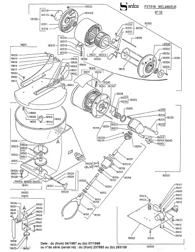 Pièces détachées pour Pétrin mélangeur 10 Litres - De avril 1997 à juillet 1998 - N° de série Du 237683 au 283109