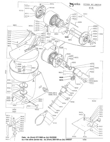 Pièces détachées pour Pétrin mélangeur 10 Litres - De juillet 1998 à mars 2000 - N° de série Du 283109 au 349357