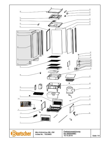 Pièces détachées pour Mini-vitrine réfrigérée 98L-SW marque Bartsher 