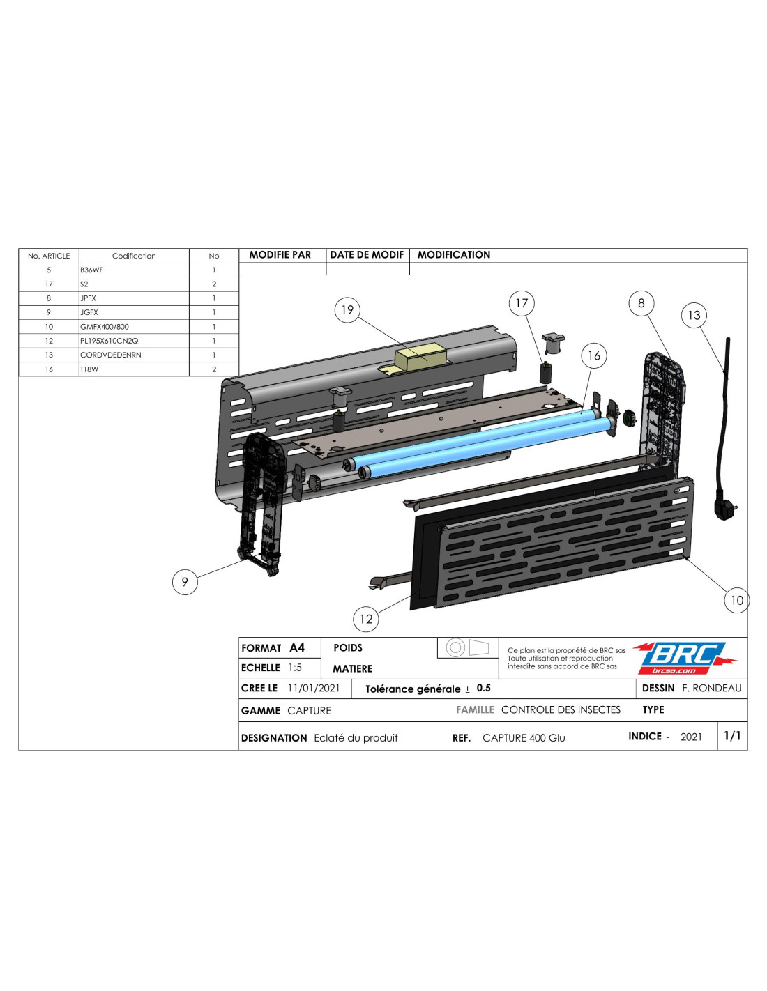 Pièces détachées pour Désinsectiseur Glu LED CAPTURE 18 Inox 2x09W Tube ...