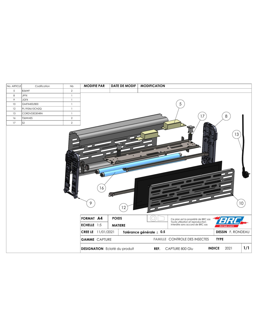 Pièces détachées pour Désinsectiseur Glu Capture800 Inox 2x36W Tube ...