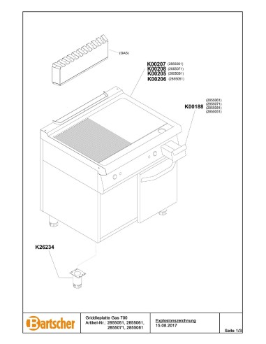 Pièces détachées pour Plaque grill gaz 700, L800, 1/2-1/2 marque Bartsher 