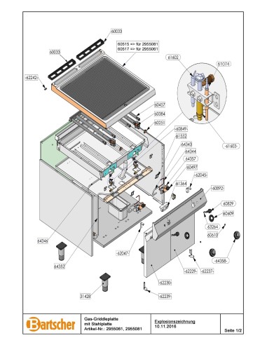 Pièces détachées pour Plaque à snacker à gaz, 1/2+1/2, SO marque Bartsher 