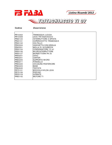 Pièces détachées FB FABA T1 07 Annee 2012 