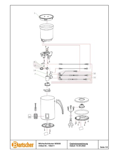 Pièces détachées pour Émulsionneur de lait MS600 marque Bartsher 