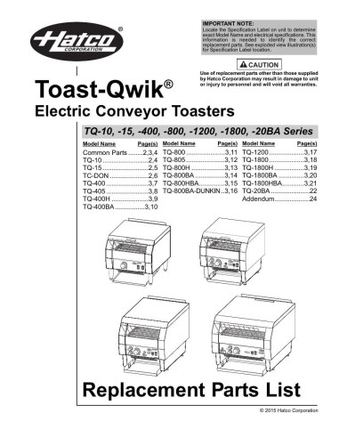 Pièces détachées HATCO TQ-800BA-DUNKIN 