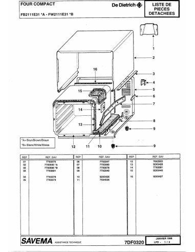 Pièces détachées DE DIETRICH FB2111E3 7DF0320 Annee 0 7DF0320 