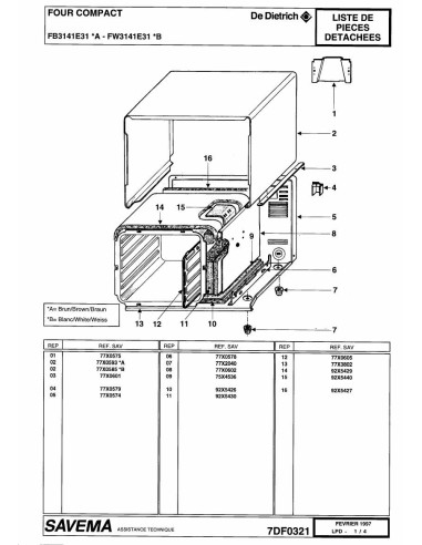 Pièces détachées DE DIETRICH FB3141E3 7DF0321 Annee 0 7DF0321 