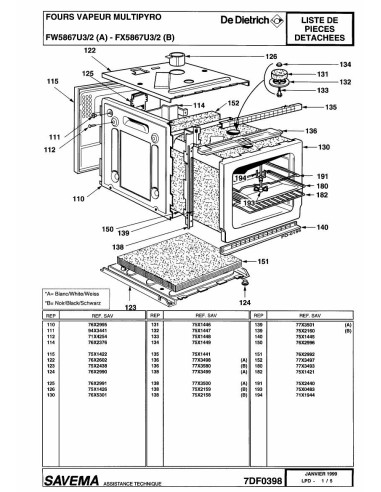 Pièces détachées DE DIETRICH FW5867U3 7DF0330 7DF0398 7DF0399 Annee 0 7DF0398 