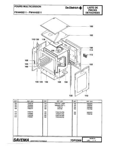 Pièces détachées DE DIETRICH FX4445E1 FX4445E11 FX4445E12 REP-005420 REP-005438 