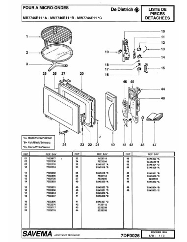 Pièces détachées DE DIETRICH MB7746E1 7DF0026 Annee 0 7DF0026 