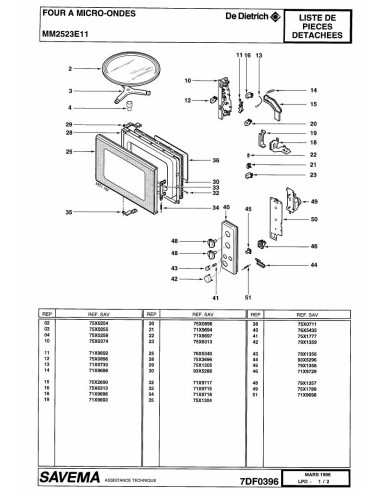 Pièces détachées DE DIETRICH MM2523E1 7DF0396 Annee 0 7DF0396 