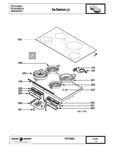 Pièces détachées DE DIETRICH DTV418XE1 7DT0869 7DT0909 Annee 0 7DT0909 