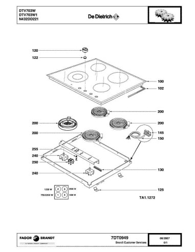 Pièces détachées DE DIETRICH DTV703W 7DT0949 Annee 0 7DT0949 