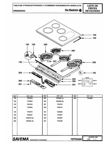 Pièces détachées DE DIETRICH WM3838E2 7DT0447 7DT0459 Annee 0 7DT0459 