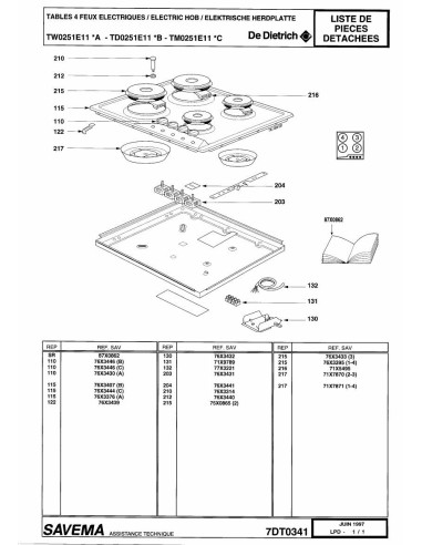 Pièces détachées DE DIETRICH TD0251E1 7DT0341 Annee 0 7DT0341 