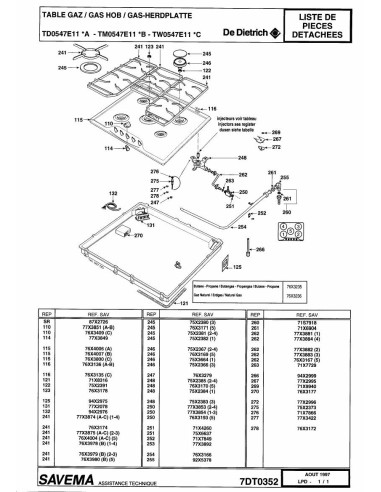 Pièces détachées DE DIETRICH TD0547E1 7DT0352 7DT0486 7DT0531 Annee 0 7DT0352 