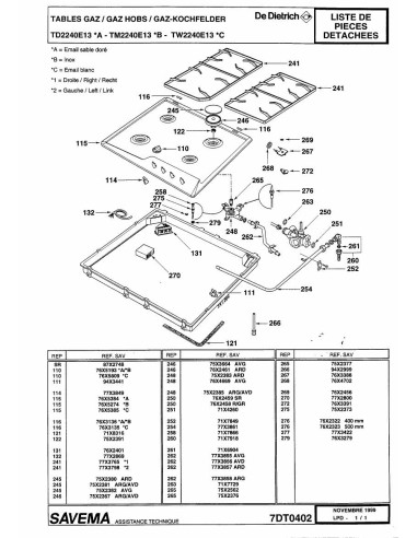 Pièces détachées DE DIETRICH TD2240E1 7DT0371 7DT0402 7DT0532 Annee 0 7DT0402 