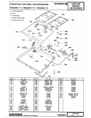 Pièces détachées DE DIETRICH TD2240E1 7DT0371 7DT0402 7DT0532 Annee 0 7DT0371 