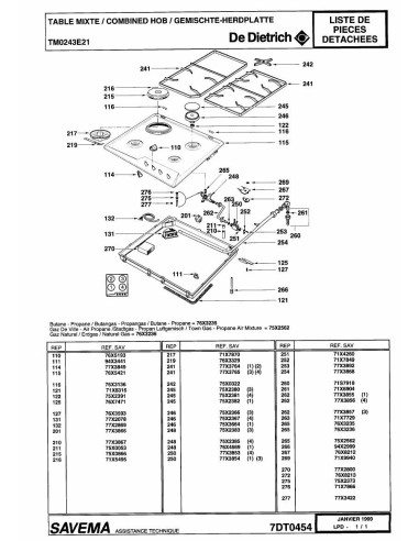 Pièces détachées DE DIETRICH TM0243E2 7DT0454 7DT0491 7DT0522 Annee 0 7DT0454 