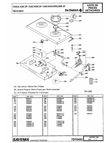 Pièces détachées DE DIETRICH TM1010E2 7DT0453 7DT0482 7DT0503 Annee 0 7DT0453 