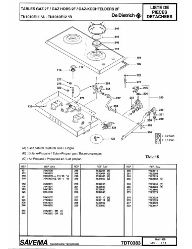 Pièces détachées DE DIETRICH TN1010E1 REP-006355 7DT0383 7DT0501 Annee 0 REP-006355 