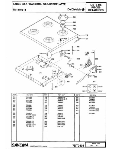 Pièces détachées DE DIETRICH TN1810E1 7DT0401 7DT0480 7DT0489 Annee 0 7DT0401 