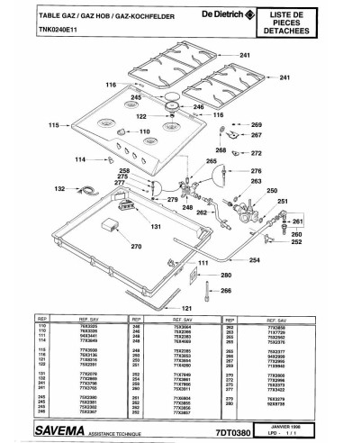 Pièces détachées DE DIETRICH TNK0240E1 7DT0380 7DT0518 Annee 0 7DT0380 