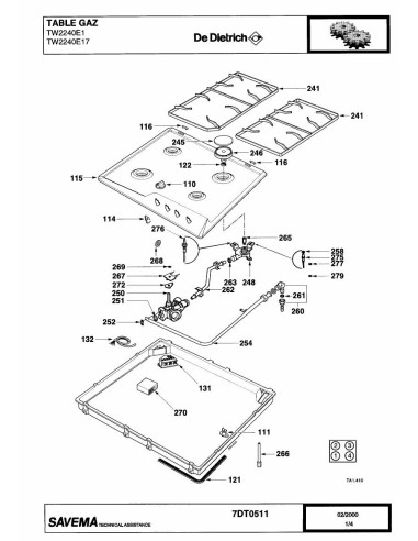 Pièces détachées DE DIETRICH TW2240E1 REP-006350 REP-006375 7DT0511 Annee 0 7DT0511 