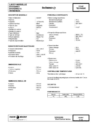 Pièces détachées DE DIETRICH DVH720WE1 DVH720WE1/A DVH720WE1/A-E 3DV0240 