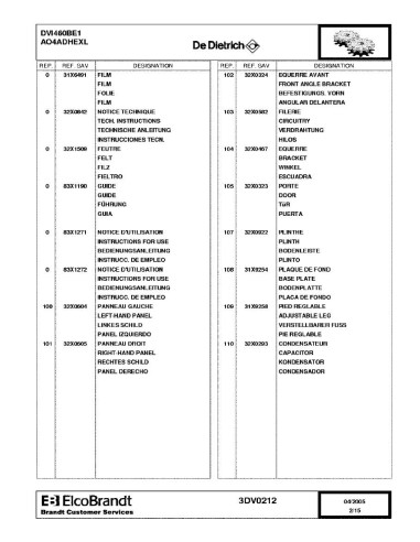 Pièces détachées DE DIETRICH DVI460BE1 AO4ADHEXL 3DV0205 3DV0212 