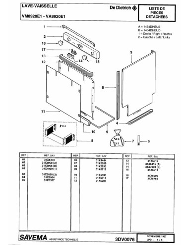 Pièces détachées DE DIETRICH VA8920E1 3DV0076 Annee 0 3DV0076 