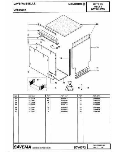 Pièces détachées DE DIETRICH VE8938E2 3DV0072 Annee 0 3DV0072 