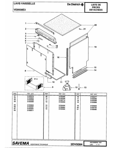 Pièces détachées DE DIETRICH VE8938E3 3DV0084 Annee 0 3DV0084 