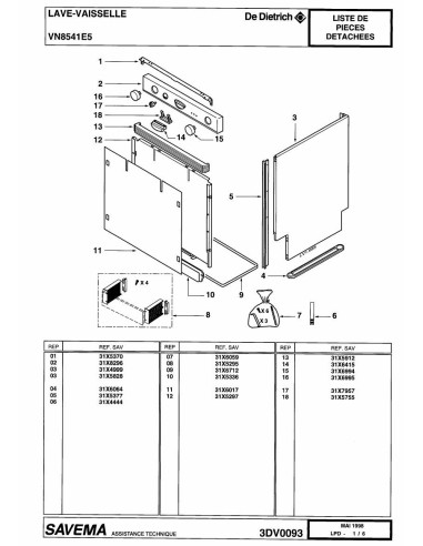 Pièces détachées DE DIETRICH VN8541E5 14X2DHEUE 3DV0093 Annee 0 3DV0093 