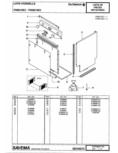 Pièces détachées DE DIETRICH VN8810E2 3DV0073 Annee 0 3DV0073 