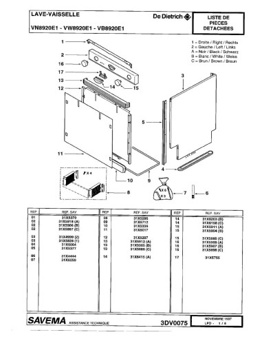 Pièces détachées DE DIETRICH VN8920E1 1434DHEUA 3DV0075 