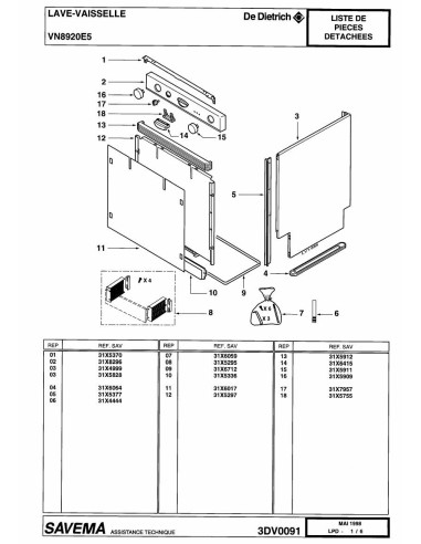 Pièces détachées DE DIETRICH VN8920E5 1434DHEUF 3DV0091 Annee 0 3DV0091 