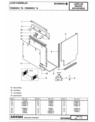Pièces détachées DE DIETRICH VN8930U1 3DV0068 Annee 0 3DV0068 