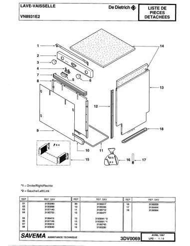 Pièces détachées DE DIETRICH VN8931E2 3DV0069 Annee 0 3DV0069 