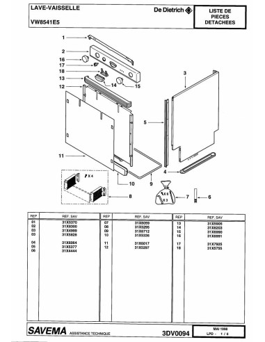 Pièces détachées DE DIETRICH VW8541E5 3DV0094 Annee 0 3DV0094 