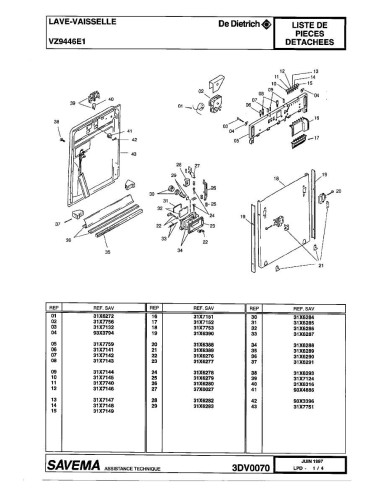 Pièces détachées DE DIETRICH VZ9446E1 SPVDDA1/06 3DV0070 