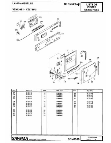 Pièces détachées DE DIETRICH VZ9736E1 3DV0088 Annee 0 3DV0088 