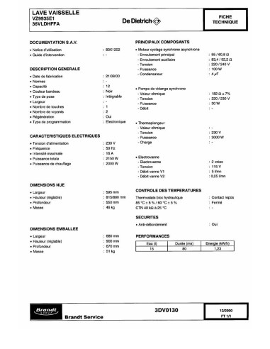 Pièces détachées DE DIETRICH VZ9935E1 36VLDHFFA 